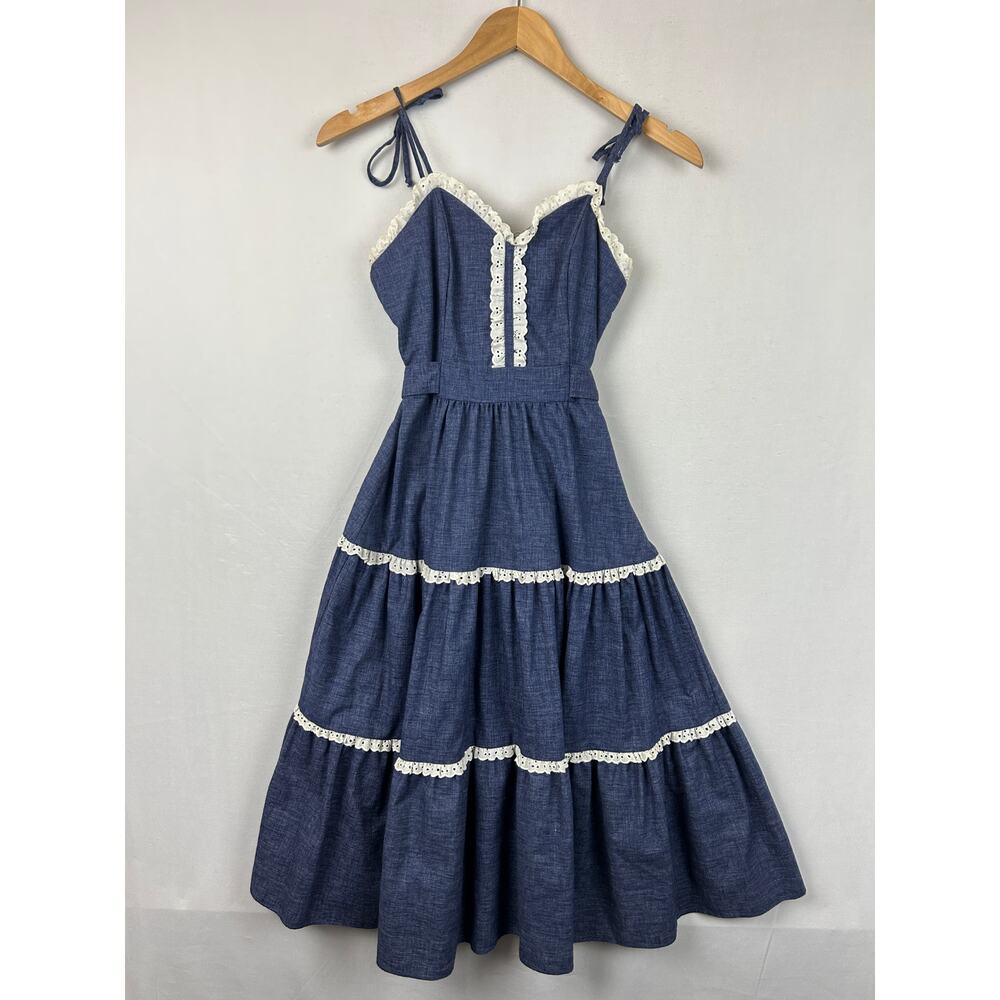 Take Too California Dress Sleeveless Tiered Blue True Vintage 70s Women's Size 7